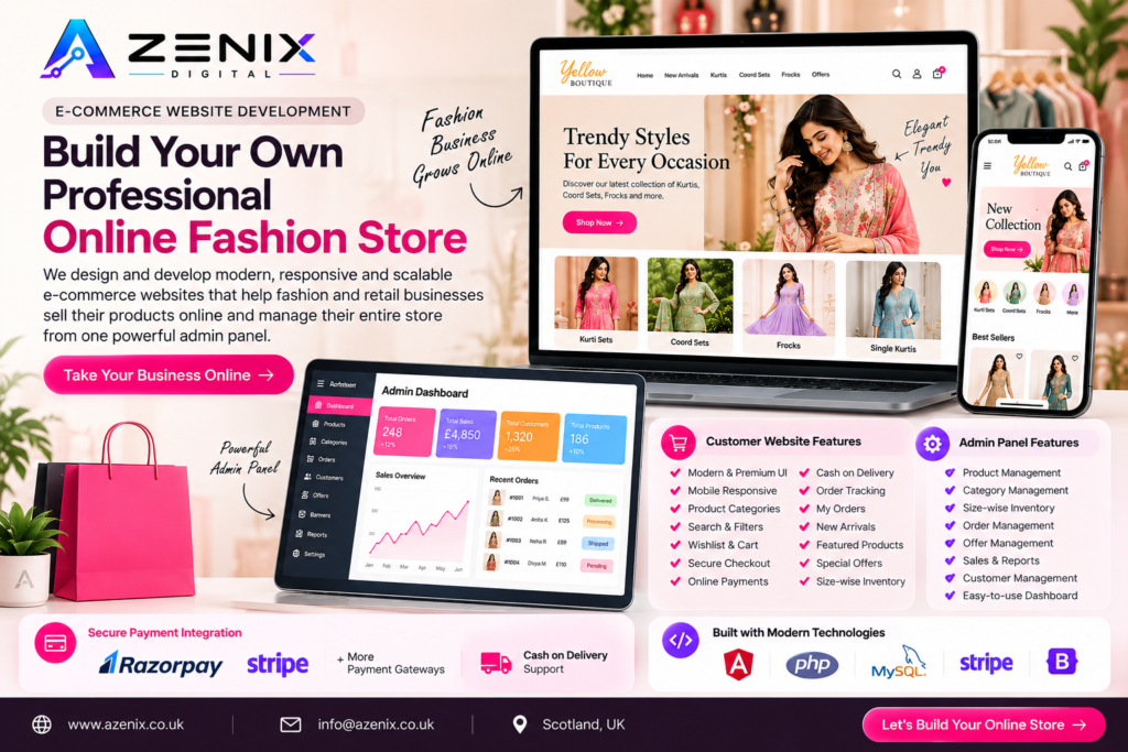 # eCommerce Website Development: Build Your Own Professional Online Fashion Store

The fashion industry is rapidly moving online. Customers want convenient shopping, attractive product displays, secure payments, and a seamless experience across mobile phones, tablets, and desktops. For fashion retailers, a professional eCommerce website is an excellent way to reach more customers and grow their business.

At **Azenix Digital**, we design and develop modern eCommerce websites that help fashion and retail businesses sell products online while managing their entire store through one powerful admin dashboard.

Whether you are launching a new boutique or expanding an existing retail business, a custom eCommerce solution can simplify daily operations and support long-term growth.

## Why Does Your Fashion Business Need an eCommerce Website?

A physical store can serve customers in a particular location. However, an online store allows customers to discover your products from different locations and shop at their convenience.

A well-designed eCommerce website also helps business owners manage products, monitor orders, update stock, and promote special offers from a central platform.

Here are some key benefits:

- **Wider customer reach:** Showcase your products to customers beyond your local area.
- **Convenient shopping:** Allow customers to browse and order products at any time.
- **Better product management:** Organise products, categories, prices, and offers efficiently.
- **Improved customer experience:** Make it easier to discover products and complete purchases.
- **Simplified operations:** Manage orders, inventory, and customer information through an admin dashboard.
- **Business growth:** Create opportunities to increase sales and build lasting customer relationships.

## 1. A Modern and Responsive Online Store

Your website is often the first impression customers have of your brand. Therefore, it should look professional, feel intuitive, and work smoothly across different screen sizes.

Our eCommerce website development service focuses on creating attractive storefronts that make online shopping simple.

### Customer-facing features

- Modern and premium user interface
- Responsive design for mobile, tablet, and desktop
- Product categories and collections
- Product search and advanced filtering
- Detailed product pages
- Size and colour selection, where applicable
- Wishlist and shopping cart
- Customer address management
- Checkout and order confirmation
- New arrivals and featured products
- Special offers and discounted products

These features help customers find the right products quickly and navigate the buying process with less friction.

## 2. Powerful Admin Dashboard for Complete Store Management

A professional eCommerce website needs more than an attractive storefront. Business owners also need an efficient way to manage daily operations.

Our custom admin dashboard brings essential store management tools together in one place. This reduces the need to update products and orders manually through a developer.

### Product management

Managing a growing product catalogue can become time-consuming. An organised admin panel makes the process easier.

Store administrators can:

- Add, edit, and delete products
- Upload product images and galleries
- Create and manage product categories
- Update regular and offer prices
- Control product visibility and status
- Highlight featured products and new arrivals
- Manage product sizes and available stock

As your catalogue grows, these tools help maintain accurate product information and a consistent shopping experience.

### Inventory management

Accurate inventory is particularly important for fashion businesses because each product may have multiple sizes and colours.

An effective inventory management system can support:

- Size-wise stock tracking
- Stock quantity updates
- Sold quantity tracking
- Reserved stock management
- Low-stock monitoring
- Inventory validation during product updates

These capabilities help reduce stock discrepancies and improve visibility into product availability. Inventory protection should also be implemented carefully to prevent overselling during concurrent orders.

### Order management

Keeping track of customer orders is essential for reliable fulfilment.

Through the admin dashboard, authorised staff can:

- View online orders
- Manage Cash on Delivery orders
- Review order and customer details
- Update order statuses
- Track order progress
- Access relevant order history

A centralised order management system makes it easier to organise fulfilment and provide customers with timely updates.

### Offer and discount management

Promotions can help fashion businesses attract customers and encourage purchases.

An admin panel can support configurable offers such as:

- 5% discounts
- 10% discounts
- 15% discounts
- Bulk product offers
- Special promotional pricing
- Editing and removing existing offers

Business owners can manage promotions more efficiently without changing the website code for every offer.

## 3. Sales Dashboard and Business Insights

Understanding store performance helps business owners make informed decisions.

A well-designed dashboard can display important information at a glance, including:

- Total orders
- Sales overview
- Product statistics
- Inventory information
- Recent orders
- Order status summaries
- Customer statistics

Depending on the implementation, reports can also show sales trends and identify popular products.

With this information, business owners can better understand what is selling, identify operational issues, and plan future promotions.

## 4. Secure Customer Authentication

A smooth and secure account experience is important for customer trust.

Our eCommerce solutions can include:

- Customer registration
- Email or phone-based login
- Secure authentication
- Protected account pages
- Customer profile management
- Address management
- Order history and tracking

Proper authentication and authorisation also help protect customer information and prevent unauthorised access to account and administrative functions.

## 5. Secure Payment Gateway Integration

A convenient checkout process can make a significant difference to the shopping experience. Customers should be able to complete purchases through payment methods suited to their needs.

We can integrate payment gateways such as **Stripe and Razorpay**, depending on your business requirements and target market.

Payment options can include:

- Online card payments
- Supported digital payment methods
- Cash on Delivery
- Payment status tracking
- Order and payment status integration

The exact payment methods depend on the selected gateway, supported region, and merchant account. Secure implementation should also include payment verification on the server and appropriate handling of failed or cancelled transactions.

## 6. Technologies Used for eCommerce Development

Choosing the right technology stack helps create a maintainable and scalable online store.

At Azenix Digital, our eCommerce development projects can use technologies such as:

**Angular:** Builds interactive and responsive storefronts and admin dashboards.

**PHP:** Handles backend business logic, APIs, authentication, and order processing.

**MySQL:** Stores product information, customer records, inventory, and orders.

**Bootstrap:** Helps create responsive layouts for different devices.

**Stripe and Razorpay:** Provide payment processing options based on project requirements.

The final technology stack depends on your business goals, feature requirements, integrations, and expected growth.

## 7. How Our eCommerce Development Process Works

Every business has different requirements. Therefore, we approach eCommerce projects with a focus on usability, functionality, and long-term maintainability.

### Step 1: Understand your business

We identify your product categories, target customers, operational needs, and essential features.

### Step 2: Design the storefront

We plan a user-friendly shopping experience that reflects your brand and makes product discovery simple.

### Step 3: Develop the website and admin panel

We build the customer-facing store and the administrative tools required to manage products, inventory, orders, and promotions.

### Step 4: Integrate payments and essential features

We configure the required payment gateway, customer authentication, checkout, and order management workflows.

### Step 5: Test and launch

We test responsive layouts, shopping flows, payment handling, and administrative functions before deployment.

### Step 6: Support future growth

As your business evolves, the platform can be enhanced with additional features, integrations, and operational improvements.

## Why Choose Azenix Digital for eCommerce Website Development?

At Azenix Digital, we focus on building practical digital solutions around real business requirements.

Our eCommerce development services combine customer-friendly design with the tools needed to manage an online store effectively.

We can help your business with:

- Custom eCommerce website development
- Responsive storefront design
- Product and inventory management
- Admin dashboard development
- Payment gateway integration
- Order and customer management
- Promotional and discount functionality
- Ongoing improvements and maintenance

Our goal is to help businesses establish a professional online presence while making everyday store management more efficient.

Explore our [web development services](https://azenix.co.uk/services/web-development-scotland) to learn more about our development capabilities.

## See an Example of Our eCommerce Work

We developed an online shopping platform for **Yellow Boutique**, demonstrating how a fashion business can bring its product catalogue and shopping experience online.

Explore the live website:

**[Visit Yellow Boutique](https://yellowboutique.in/)**

This project provides an example of our approach to fashion eCommerce, including product categories, responsive shopping interfaces, and store management functionality.

## Conclusion

A professional eCommerce website can help fashion businesses reach new customers, organise operations, and create a convenient online shopping experience.

However, a successful online store requires more than an attractive design. Product management, inventory accuracy, order processing, secure payments, and a practical admin dashboard are equally important.

With the right eCommerce website development partner, you can build a platform that meets your current needs and adapts as your business grows.

**Ready to build your own professional online fashion store?**

Contact Azenix Digital to discuss your requirements and discover a solution tailored to your business.

**Website:** https://azenix.co.uk/  
**Email:** info@azenix.co.uk

[Contact Azenix Digital](https://azenix.co.uk/contact-us) to start planning your eCommerce project.